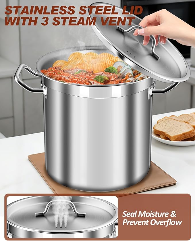 75 Quart Stainless Steel Stock Pot with Lid – Extra Large Commercial Cooking Pot for Soup, Stew, Seafood – Heavy Duty, Induction Ready – Perfect for Restaurants & Big Gatherings