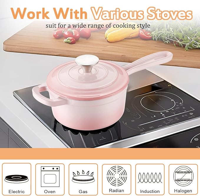 Enameled Cast Iron Sauce Pan, 1 Quart Enameled Saucepan with Lid, Mini Dutch Oven Enamel Saucepan for Cooking Pasta Sauce, Gravy, Puddings, Marinate, Boiling (Gradient Pink)