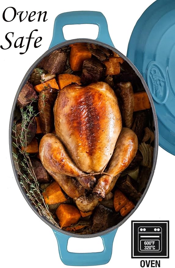 La Cuisine Enameled Cast Iron Oval Dutch Oven Casserole Pot with Lid, 6.75 QT Internal Matte Black Enamel for bread baking, 2-ton Teal Enamel Coating Finish Exterior, Oven Safe up to 480° F