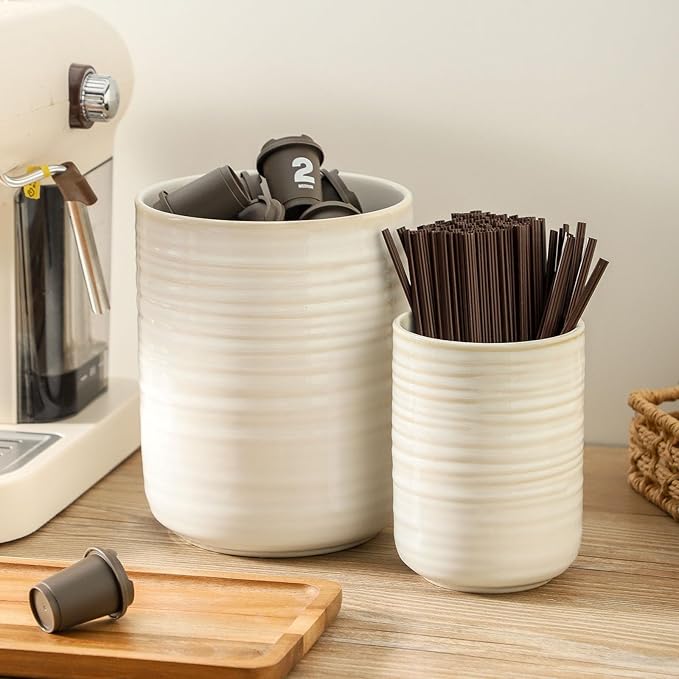 HASENSE Cooking Utensil Holder, 7.4"+5.5" Ceramic Kitchen Utensil Holder for Counter, Rustic Utensil Oganizer Crocks for Spatula, Kitchen Gift for Birthday Wedding, Set of 2, Clay-Infused White