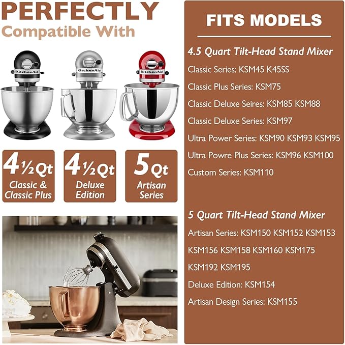 5 Quart Stainless Steel Mixer Bowl for Kitchenaid Classic&Artisan Tilt Head Mixer, Fit for KSM75, KSM90, KSM150, Radiant Copper, 1.75Lb, 0.8MM Thick, Heavy Duty, Dishwasher Safe, Ergonomics Handle
