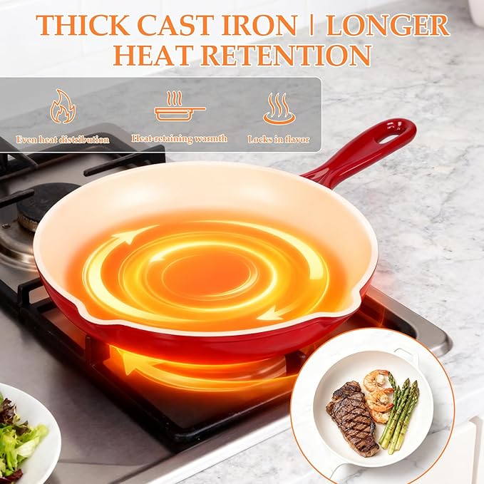 Hisencn Cast Iron Skillets,10.2 Inch Ceramic Frying Pan,Nonstick Frying Pan Without PFAS & PTFE & PFOA,Dishwasher & Oven Safe,Enameled Cast Iron Skillet For Gas/Electric Stovetop