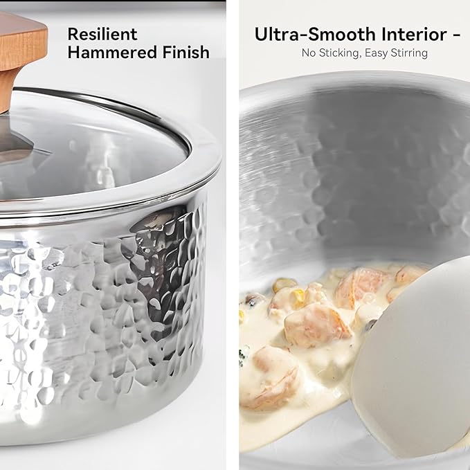 Tri-Ply Stainless Steel Saucepan with Lid, 1.8 Quart - Heavy-Gauge Hammered Exterior, Smooth Interior Milk Pot. Induction Ready Cookware for Ramen, Sauces, Noodles. Stay-Cool Wood Handle