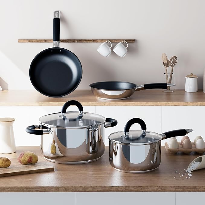 Pots and Pans Set Non Stick, Stainless Steel Cookware Set of 6, Frying Pans, 5 Ply Base Dishwasher Safe