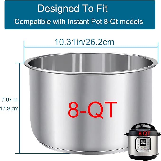 Replacement Pot for Instant Pot 8-Qt, 304 (18/8) Stainless Steel Inner Pot for Instant Pot 8-Quart, Upgrade Insert for Instantpot, Liner for Insta Pot 8 Qt with Thick Bottom, Non-Toxic (No Teflon)