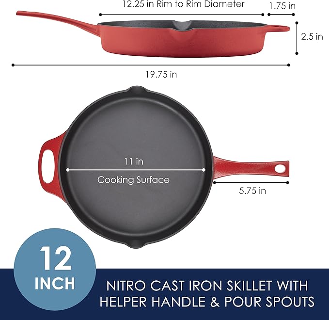 Rachael Ray NITRO Cast Iron Frying Pan/Skillet with Helper Handle and Pour Spouts, 12 Inch, Red