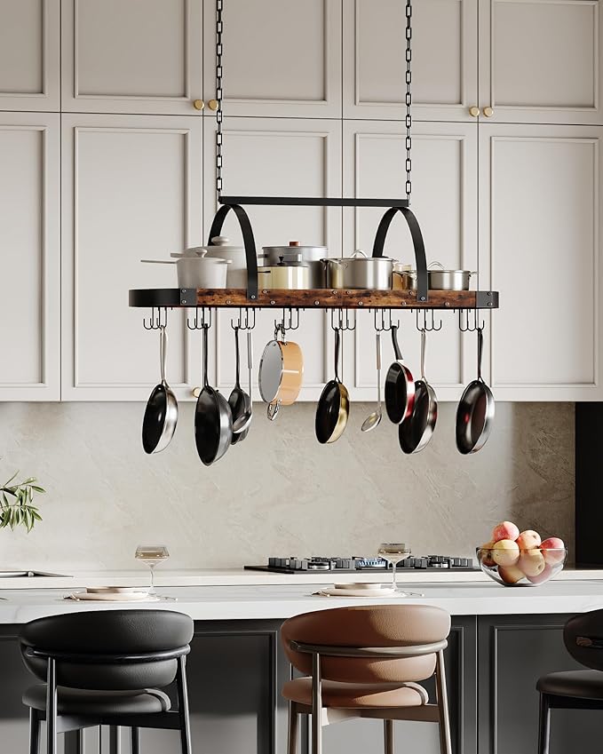 Hanging Pot Rack, Pot Hanger for Kitchen, Ceiling Mounted Pot Holder, Cookware Organizer with 24 S-Shaped Hooks, for Pot, Pan Storage, Space-Saving, Rustic Brown and Black TPR28BF