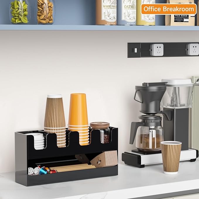 Beego 5-Compartment Cup Holder for Countertop - 2-Tier Black Acrylic Cup Dispenser Coffee Station Paper Cup and Lid Organizer Condiment Storage for Restaurant Breakroom Kitchen Bar Accessories