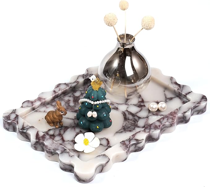Scalloped Vanity Marble Tray - Large Home Decorative Stone Perfume Candle Plates for Bathroom Accessories Coffee Table Bar, Luxury Antique Key Dish for Kitchen Countertop (10.6" x 7.4" x 0.8")