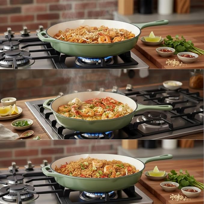 Hamilton Beach Enameled Cast Iron Fry Pan 12-Inch Sage, Cream Enamel Coating, Skillet Pan For Stove top and Oven, Even Heat Distribution, Durable