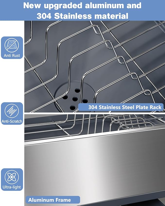 Dish Drying Rack, Thicker Premium Aluminum Frame and 304 Stainless Steel Plate Rack for Kitchen Counter, Automatic Drainage Spout, Dish Drainer & Drainboard Set with Utensil Holder,Gray