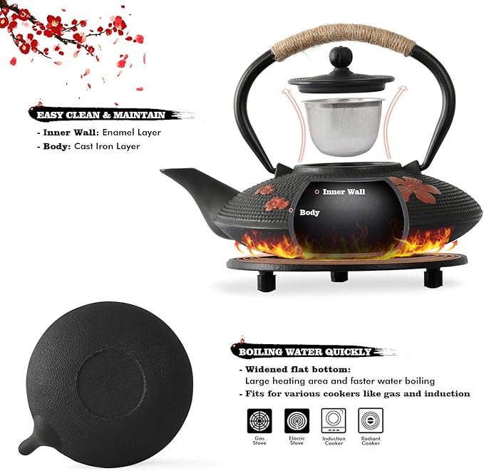 Japanese Style Cast Iron Teapot with 4 Tea Cups Trivet Tetsubin StovetopTea Kettle with Infuser Chinese Iron Tea Pot Tea Set for Adults Black (Pear Flower Pattern)