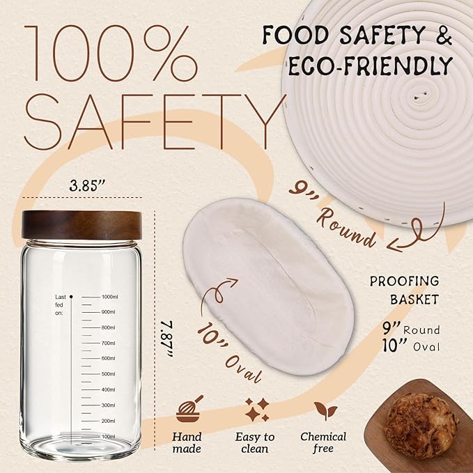 Sourdough Starter Kit,40oz Sourdough Starter Jar with Wooden Lid,2 Banneton Bread Proofing Baskets (9”Round & 10”Oval),Bread Making Supplies Tools,Sourdough Bread Baking Supplies,for Baking Beginners