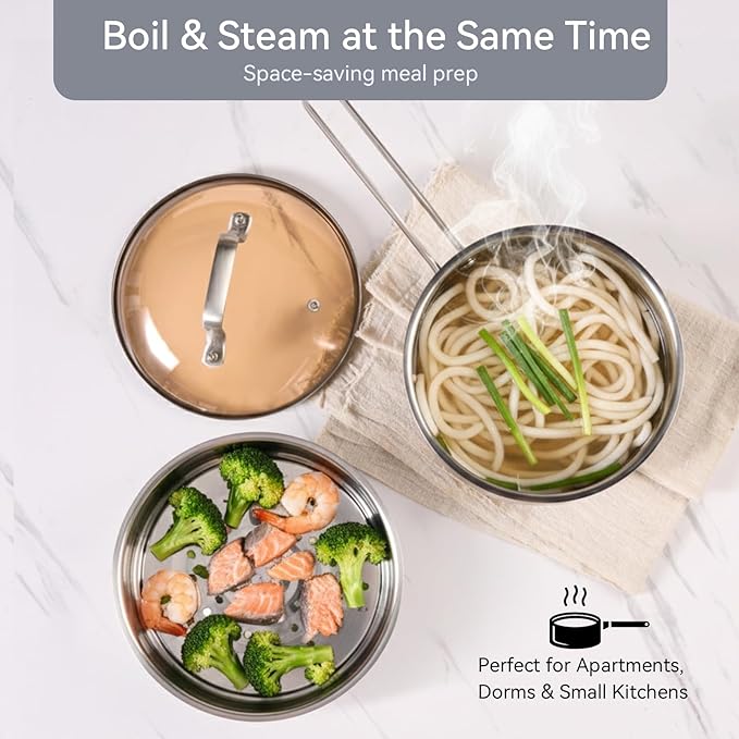 2.5QT Stainless Steel Saucepan with Steamer Basket and Glass Lid, 18/8 Food Grade Small Soup Pot with Steamer Insert, Induction Compatible, Heavy Duty Multi-Purpose Pot for Cooking & Steaming