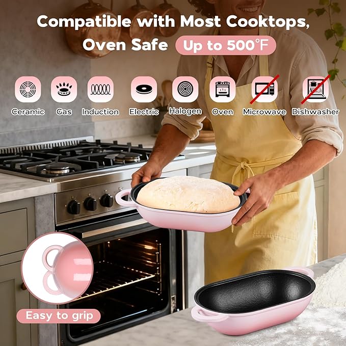 Onader Enameled Cast Iron Sourdough Bread Oven, 2.8QT Oval Dutch Oven, Loaf Cast Iron Bread Pan with Lid for Homemade Bread Baking, 9x5-1/2 Inch Meatloaf Pan, Heavy Duty - Pink