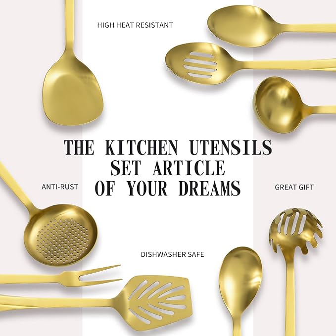 304 Stainless Steel Kitchen Utensil Set - 9pcs Cooking Utensils, Metal Kitchen Utensil Spatula Sets Cookware,High temperature resistance Kitchen Tool Set for Hanging Dishwasher Safe（Gold）