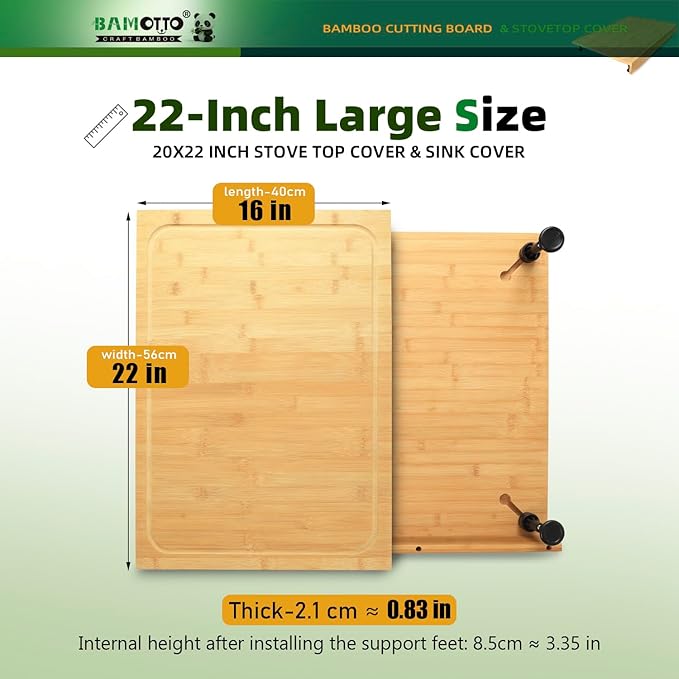 16 x 22 Inch Bamboo Cutting Board, Over-the-Sink Board and Stovetop Cover with Detachable Support Legs & Front Lip, for RV Camper and Home Kitchen