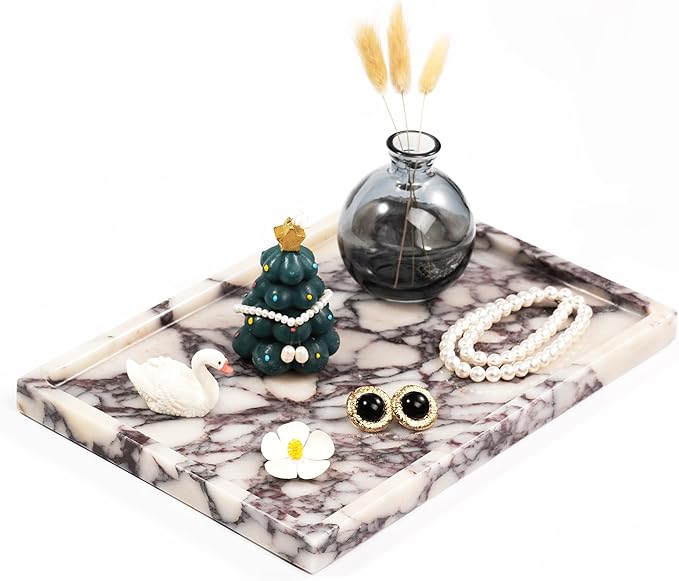 Large Decorative Marble Tray - Square Stone Vanity Perfume Plates for Bathroom Accessories Coffee Table Bar, Luxury Key Dresser Dish for Kitchen Countertop Entryway (11.8" x 7.9" x 0.8")