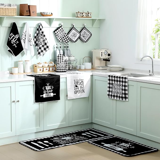 12 Pcs Checkered Buffalo Kitchen Oven Mitts and Pot Holders Black and White Dish Towels Farmhouse Kitchen Decor Accessories Set for Chef Baking Cooking Grilling BBQ Women Mom Gift