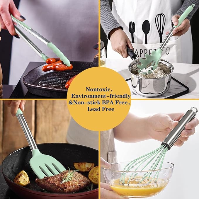 Silicone Cooking Utensil Set, Fungun Non-stick Kitchen Utensil 24 Pcs Cooking Utensils Set, Heat Resistant Cookware, Silicone Kitchen Tools Gift with Stainless Steel Handle (Green-24pcs)