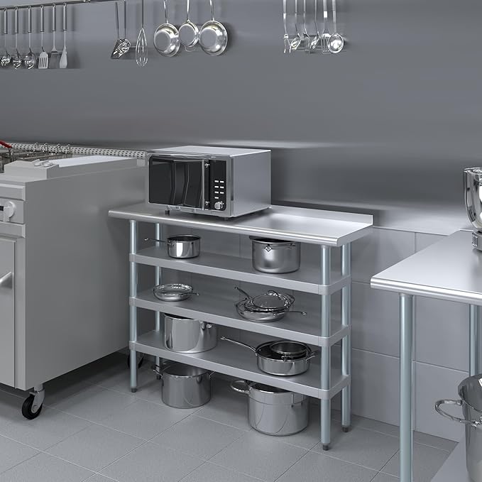 AmGood Stainless Steel Work Table with 1.5" Backsplash and 3 Shelves | Metal Kitchen Food Prep Table | NSF (48" Long x 14" Deep)