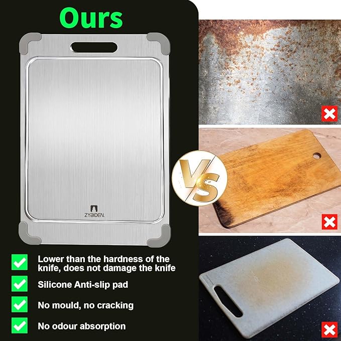 3Pcs 100% Pure Titanium Cutting Board with Grooves, Update Double Side Titanium Chopping Board, Silicone Anti-slip Stainless Cutting Boards Set for Kitchen, Grey