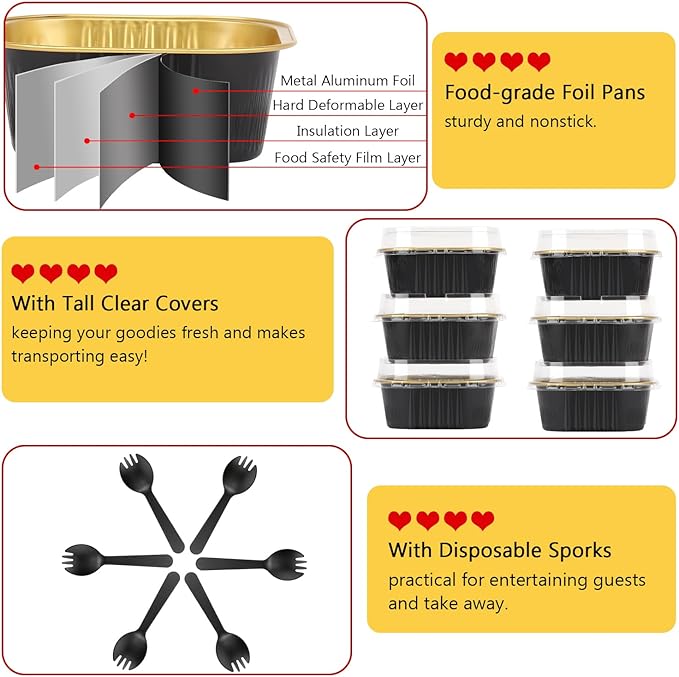 LNYZQUS 10oz/80pack Mini Cake Pans with Lids, Small Foil Baking Tins Brownie Baking Cups,4”x4” Disposable Ramekins Jumbo Cupcake Muffin Pan Mini Aluminum Containers Holders-Black
