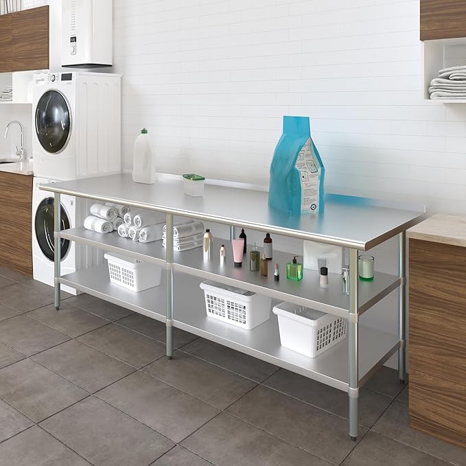 AmGood Stainless Steel Work Table with 1.5" Backsplash and 2 Shelves | Metal Kitchen Food Prep Table | NSF (96" Long x 30" Deep)