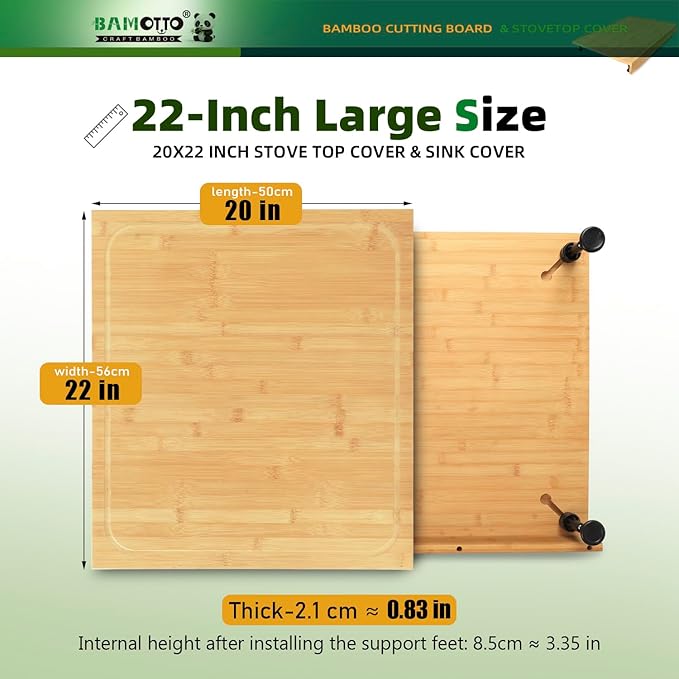 20 x 22 Inch Bamboo Cutting Board, Stovetop Cover and Over-the-Sink Board with Detachable Legs & Non-Slip Front Lip, Reversible Kitchen Counter Chopping Board