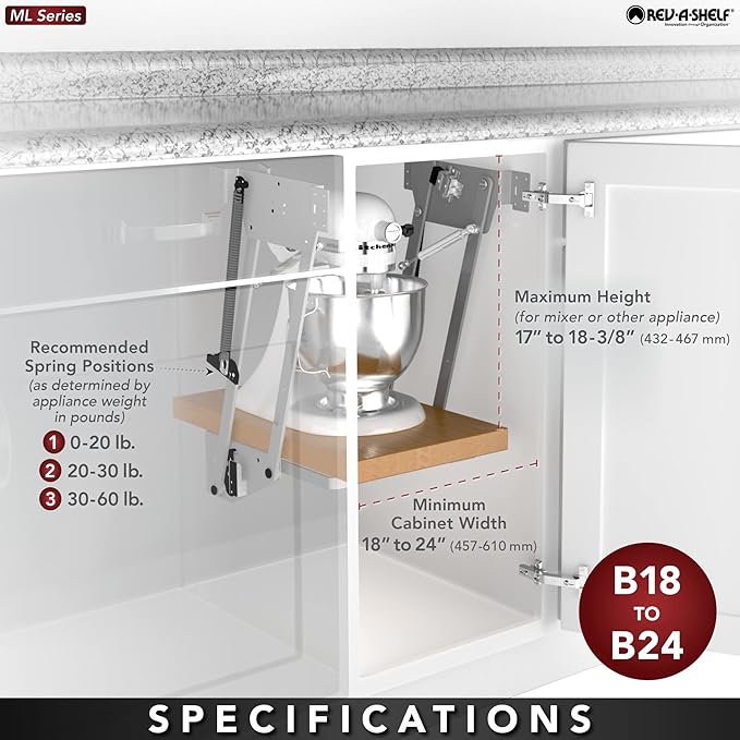 Rev-A-Shelf Heavy-Duty Stand Mixer Lift for Kitchen Base Cabinets, Zinc - Spring-Loaded Lifting System for Small Countertop Appliance Storage, RAS-ML-HDCR