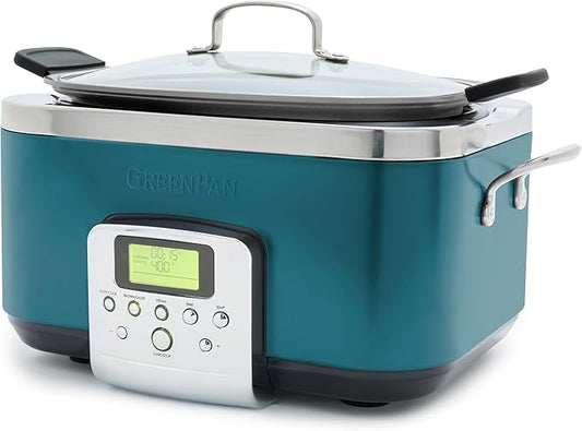 GreenPan Elite 8-in-1 Programmable 6QT Electric Slow Cooker, Dishwasher Safe Lid & Removable Crock, PFAS-Free Healthy Ceramic Nonstick Multi-Cooker, Sear, Sauté/Brown, Steam Basket, Roast, Deep Teal