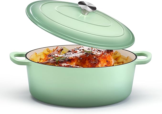 P&P CHEF Oval Dutch Oven with Lid, Enameled Cast Dutch Oven Pot for Bread Baking, Braising, Stewing, Roasting, Non-Stick & Oven Safe, Dual Handles & Easy Clean, 5QT & Pistachio Green, Valentine's Day