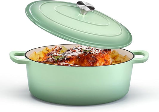 P&P CHEF Oval Dutch Oven with Lid, Enameled Cast Dutch Oven Pot for Bread Baking, Braising, Stewing, Roasting, Non-Stick & Oven Safe, Dual Handles & Easy Clean, 5QT & Pistachio Green, Valentine's Day