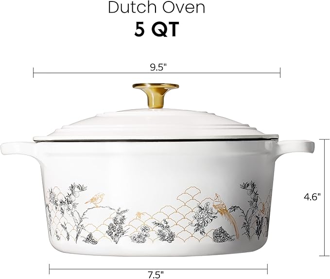 CAROTE 5QT Cast Iron Dutch Oven Pot with Lid, Enameled Floral Dutch Ovens with Gift Box, Cast Iron Pot for Sourdough Bread Baking, Braising, Stews, Roasting, Dual Handles, Healthy & Non-Toxic, All Stovetop Compatible, Oven Safe up to 500° F, White
