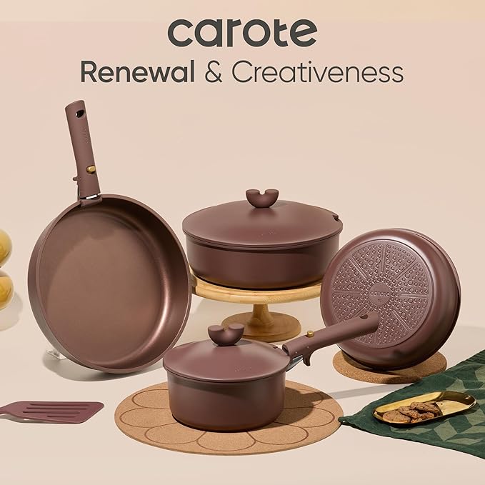 CAROTE 17pcs Pots and Pans Set Non Stick, Gift Set Nonstick Cookware Die-cast Aluminum Detachable Handle, Dishwasher/Oven Safe, Induction Cooking Pot and Pan Sets, Coffee, RV Kitchen Cookwares