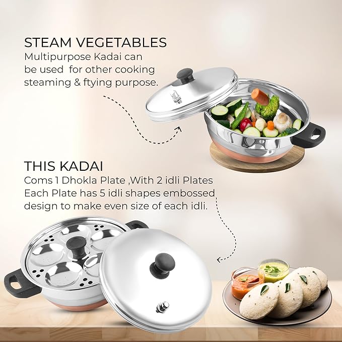 All in One Copper Bottom Idli Cooker 4 pcs Multi Kadai with Stainless Steel lid, 2 idli Plates (10 Idlis) 1 Steamer and 1 Idli Spoon with Whistle, Silver