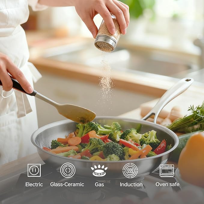 5-Ply 9.5 Inch and 11 Inch Stainless Steel Frying Pans, Dishwasher and Oven Safe, Induction Pan, Even Heat Distribution