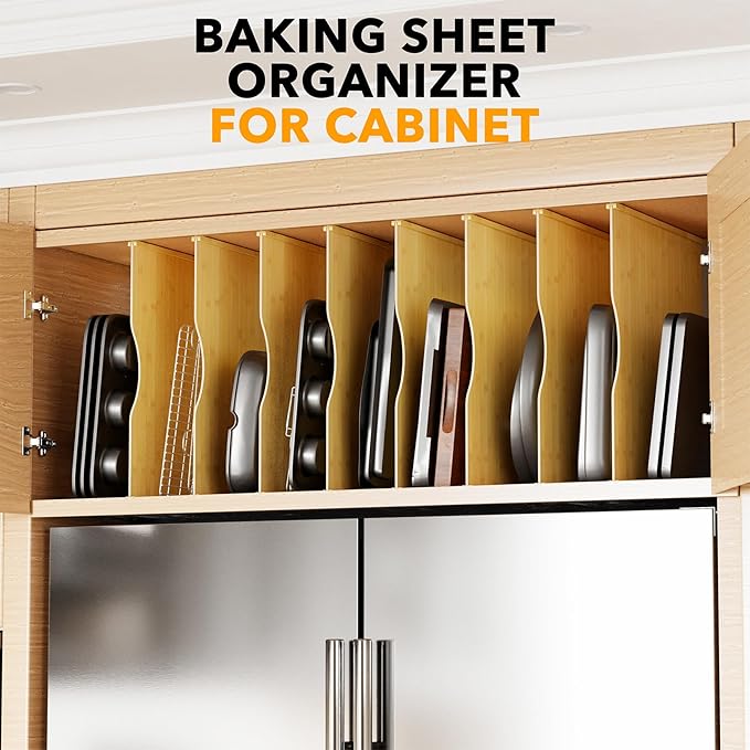 SpaceAid 8 Pack Tray Dividers for Cabinets, Bamboo Kitchen Cookie Baking Sheet Organizer for Cabinet, Vertical Pan and Trays Organizers for Pantry Storage