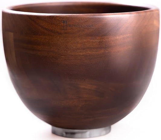 Biscuitique Premium Solid American Walnut Wood Mixing Bowl Compatible with Kitchen Aid Tilt-Head Models 4.5 Quart and 5QT Stand Mixer Wooden Bowls