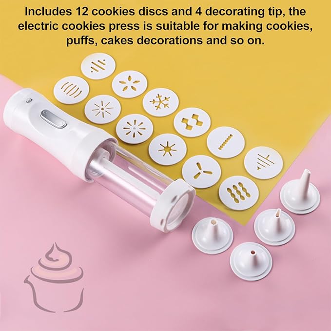 Electric Cookie Press Set, Cookie Press Gun Cookies Press Cake Cookies Maker Kit with 12 Discs and 4 Icing Tip for DIY Cookies Decoratin