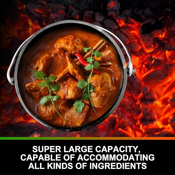 14QT Cast Iron Cauldron with Lid Heavy Duty Tripod Cookware Metal Handle Pre Seasoned South African Style Campfire Pot for Outdoor