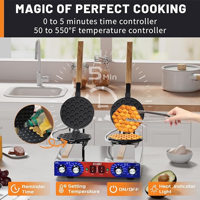 Bubble Waffle Maker - Commercial Egg Waffle Maker w/Two Non-stick Baking Pans, Temperature and Timers, 2800W Professional Bubble Waffle Machine for Double Baking, Hong Kong Egg Waffle Iron