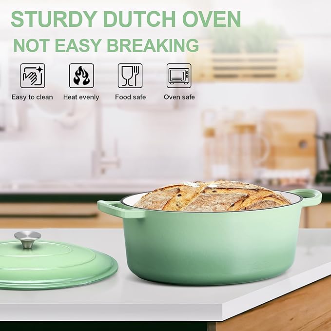 E-far 7QT Oval Dutch Oven Pot with Lid, Enameled Cast Iron Dutch Oven with Dual Handles, Heavy-Duty Cookware for Sourdough Bread Baking, Braising, Stews, Oven Safe & Easy Clean, Green