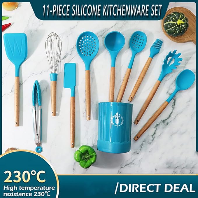 Blue Silicone Kitchen Cooking Utensils Set, Heat Resistant Silicone Kitchen Gadgets Utensils Set with Wooden Handle,Silicone Spoons Spatula Whisk with Holder for Nonstick Cookware