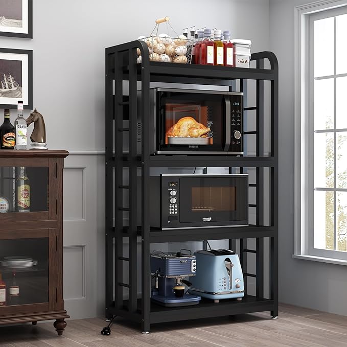 Bakers Rack with Power Outlet ，Microwave Stand 4-Tier Kitchen Baker's Rack, Free Standing Baker's Rack Kitchen Stands with Storage Suitable for Kitchen, Living Room, Dinning Room，Coffee Bar (Black)