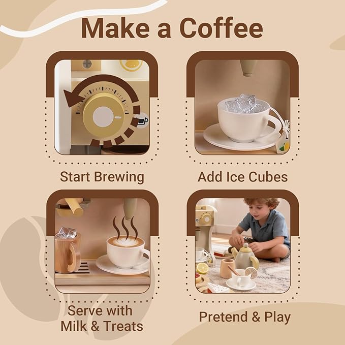 Freniland Wooden Coffee Maker Playset for Toddlers, Deluxe Pretend Espresso Machine with Accessories, Montessori Kitchen Toy for Kids Ages 3Y+