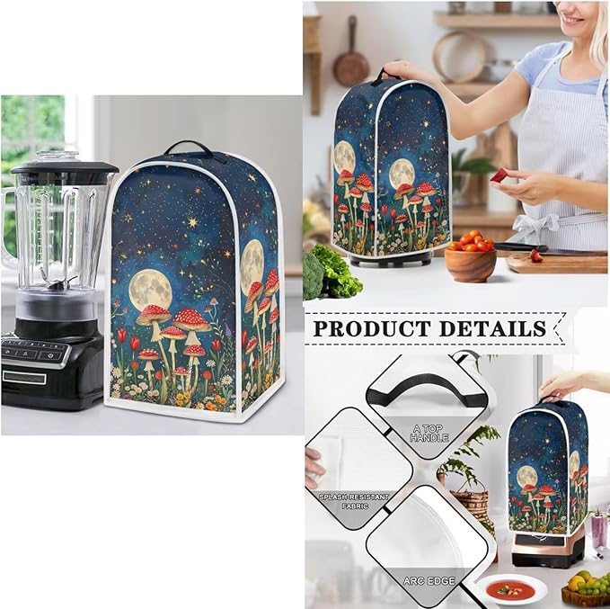 Unique Toaster 2 Slice Cover Thanksgiving Day Decorations Set, Blender Bread Toaster Slow Cooker Cover Fit for Most 6-8 Qt Slow Cookers, Mushroom Moon (Blue)