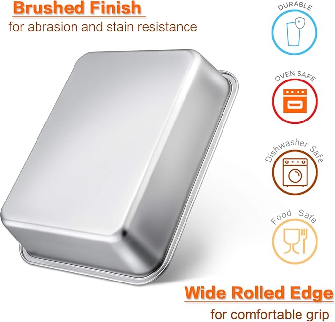Lasagna Pan Set of 2, E-far Deep Stainless Steel Baking Pans, 12.75 x10 x3.2 Inches Rectangular Metal Roasting Baking Dish Bakeware for Oven, Non-Toxic & Heavy Duty, Dishwasher Safe