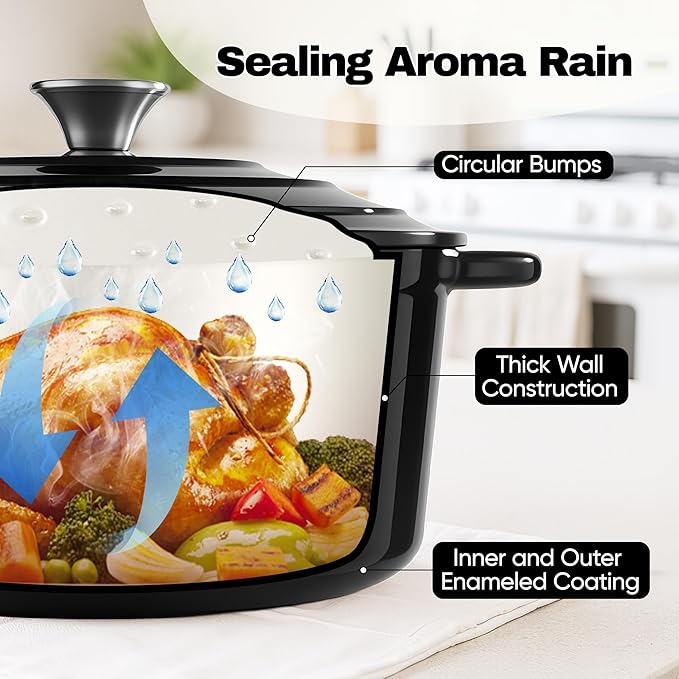 6.5 Quart Dutch Oven Pot with Lid, Non Stick Enameled Cast Iron Dutch Oven for Bread Baking, Heavy-Duty, Oven Safe Ceramic Cookware Up to 500°F for Baking, Braising, Stews, Roasting, Black