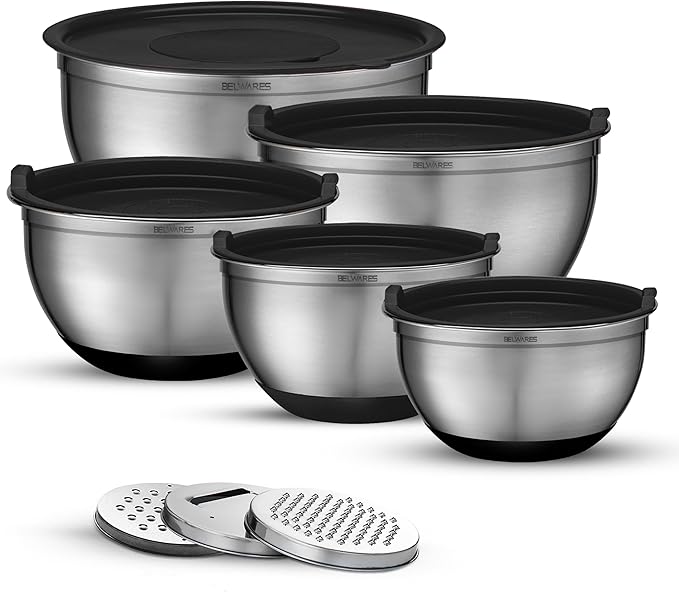 Belwares Mixing Bowls with Airtight Lids - 8PCS Stainless Steel Nesting Mixing Bowls Set Non-Slip with 3 Grater Attachments, Kitchen Bowls, Sizes 5, 4, 3.5, 2, 1.5QT for Baking & Food Prep (Black)